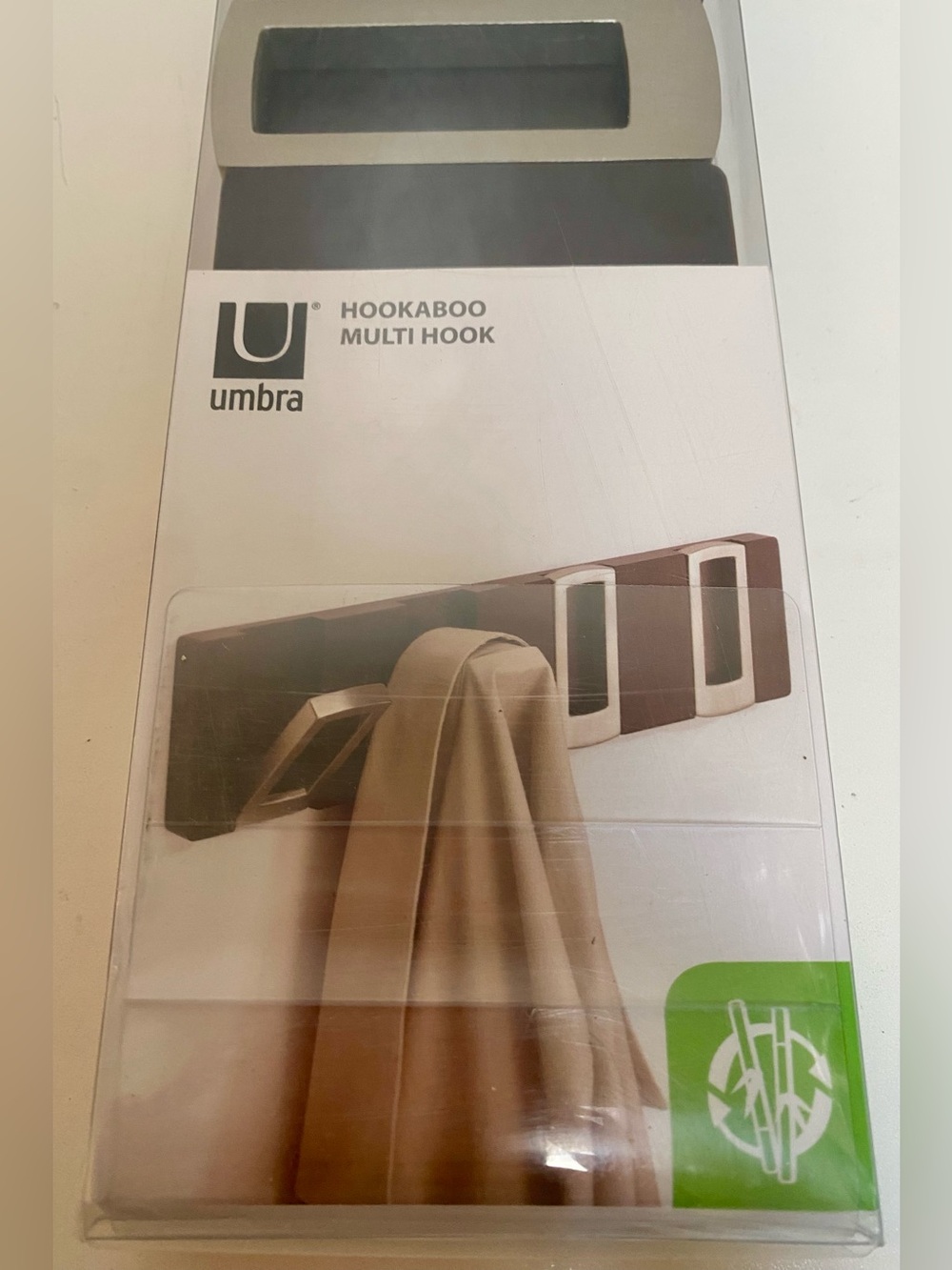 Umbra Hookaboo Multi Hook wall rack brushed nickel hooks on a Brown bamboo base